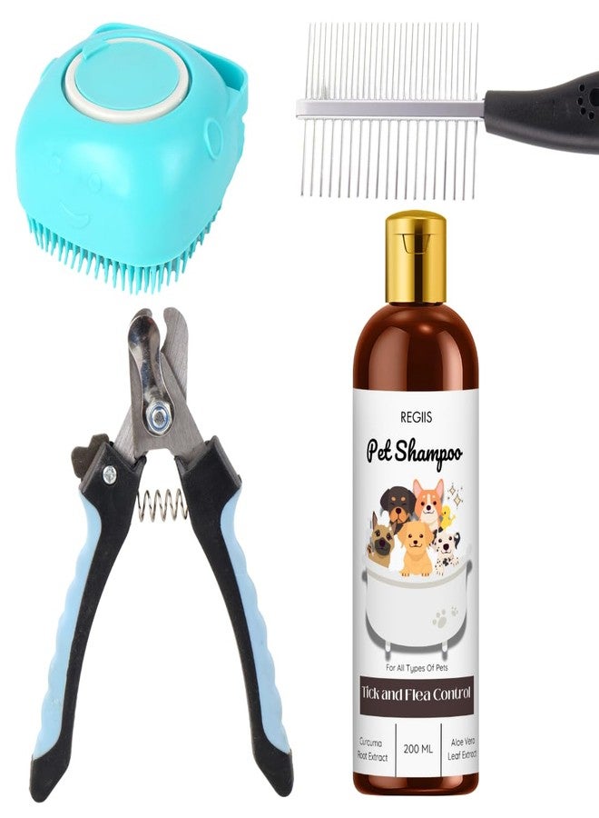 مجموعة ريجيس للعناية بالحيوانات الأليفة، مجموعة 4 في 1 للعناية بالكلاب مع شامبو، وفرشاة سيليكون، ومشط معدني، ومقص أظافر للكلاب والقطط، ومكافحة القراد والبراغيث (عبوة من 4 قطع) - Image 1